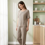 Venzina Womens Nightwear – Ribbed Texture Pajama Set with Short Sleeve Top & Long Pants