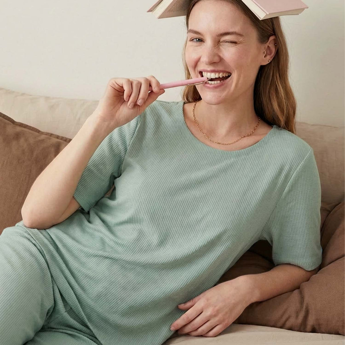 Venzina Womens Nightwear – Ribbed Texture Pajama Set with Short Sleeve Top & Long Pants