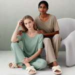 Venzina Womens Nightwear – Ribbed Texture Pajama Set with Short Sleeve Top & Long Pants