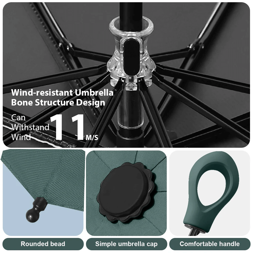 Close-up of reflective canopy and handle of compact UV protection umbrella