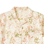 Floral women’s night suit fabric detail, collar and buttons close-up on white background