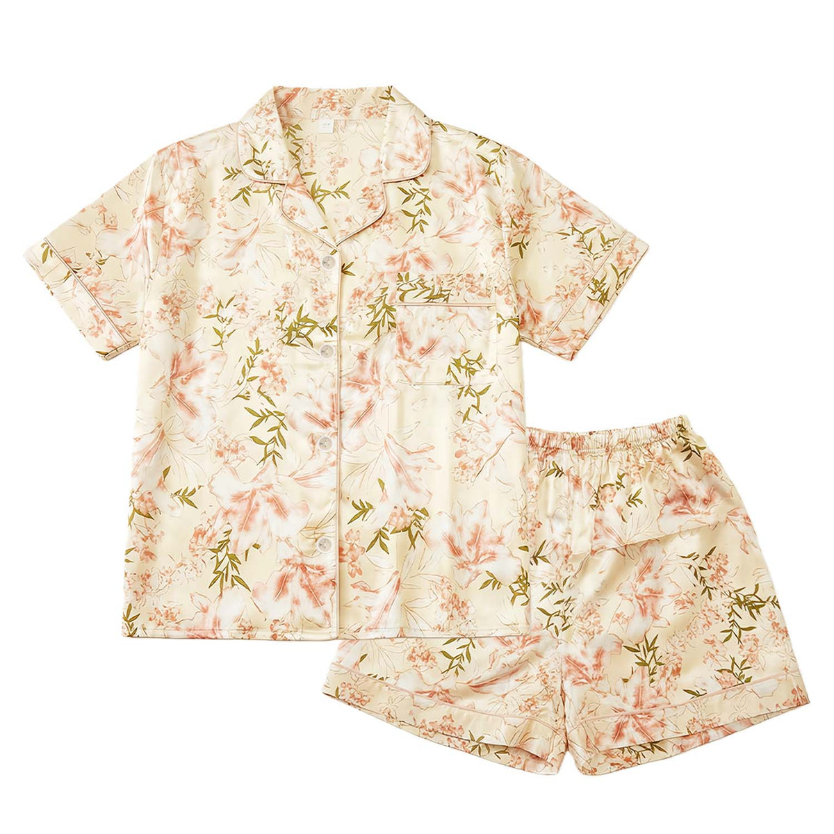 Floral women’s night suit set with matching shirt and shorts, flat lay on white background