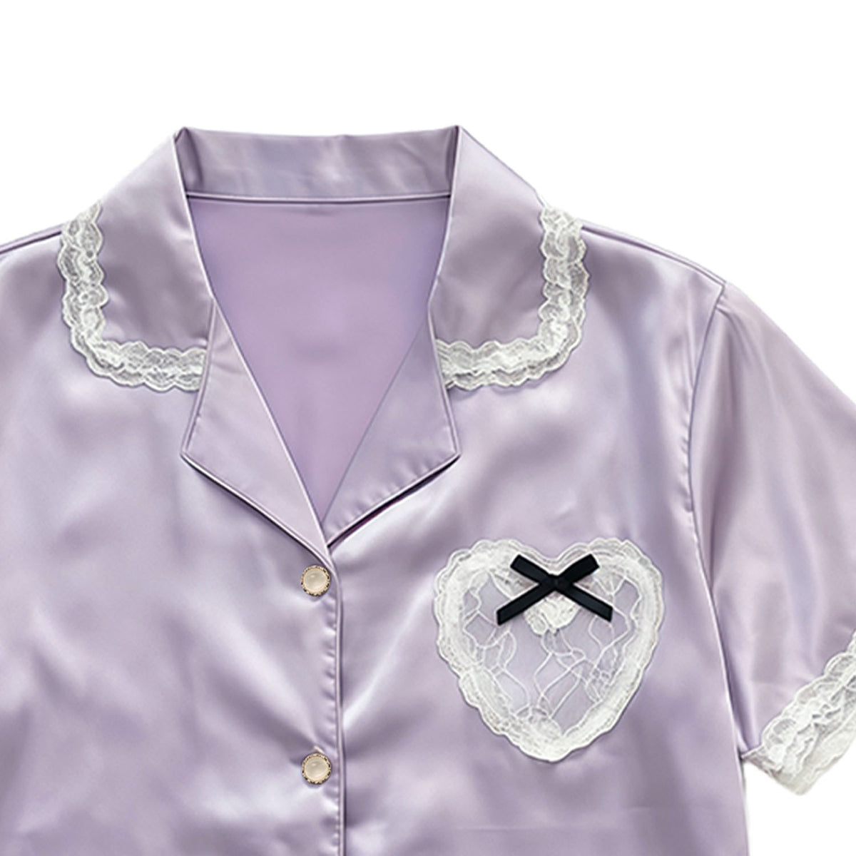 Lavender satin night suit for women, close-up of lace collar and heart pocket