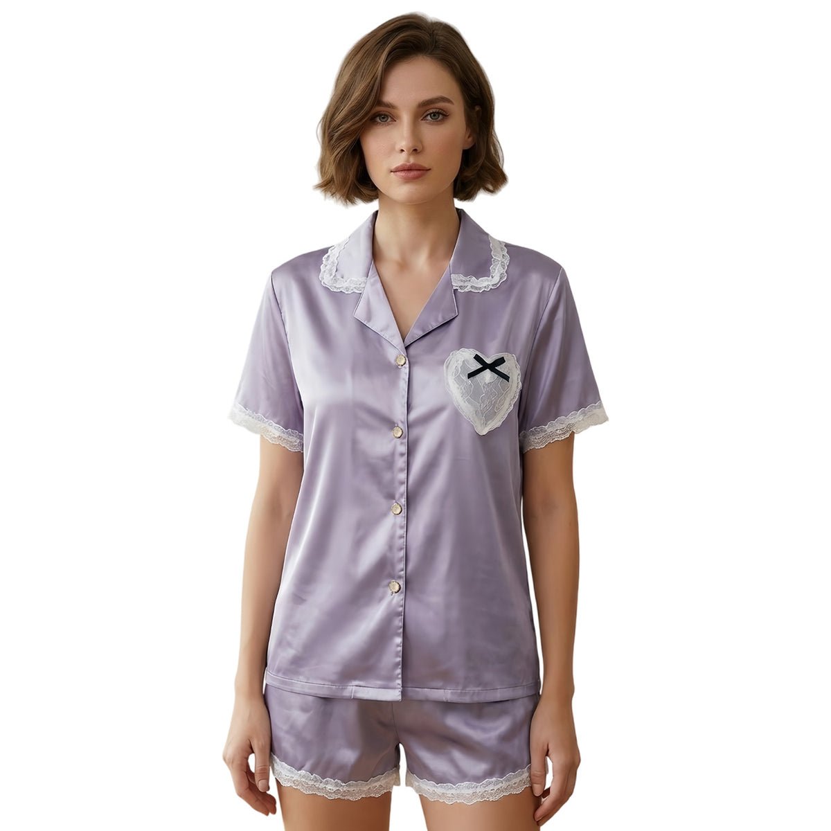 Lavender satin night suit for women, front view with lace trim and heart pocket
