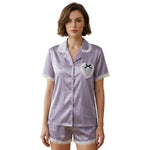 Lavender satin night suit for women, front view with lace trim and heart pocket