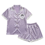 Lavender satin womens pyjama set, flat lay front view with lace trim