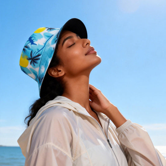 Tropical bucket hat worn by a woman in side profile, outdoor seaside scene under clear blue sky