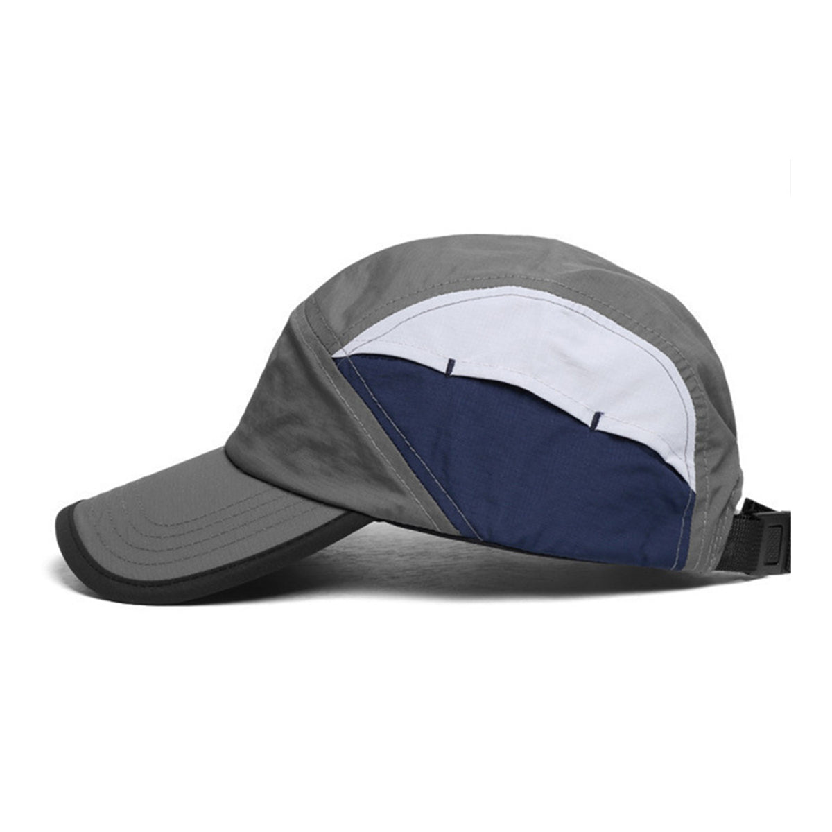 Venzina Breathable Cap side view showing gray and navy color-block panels with lightweight fabric structure