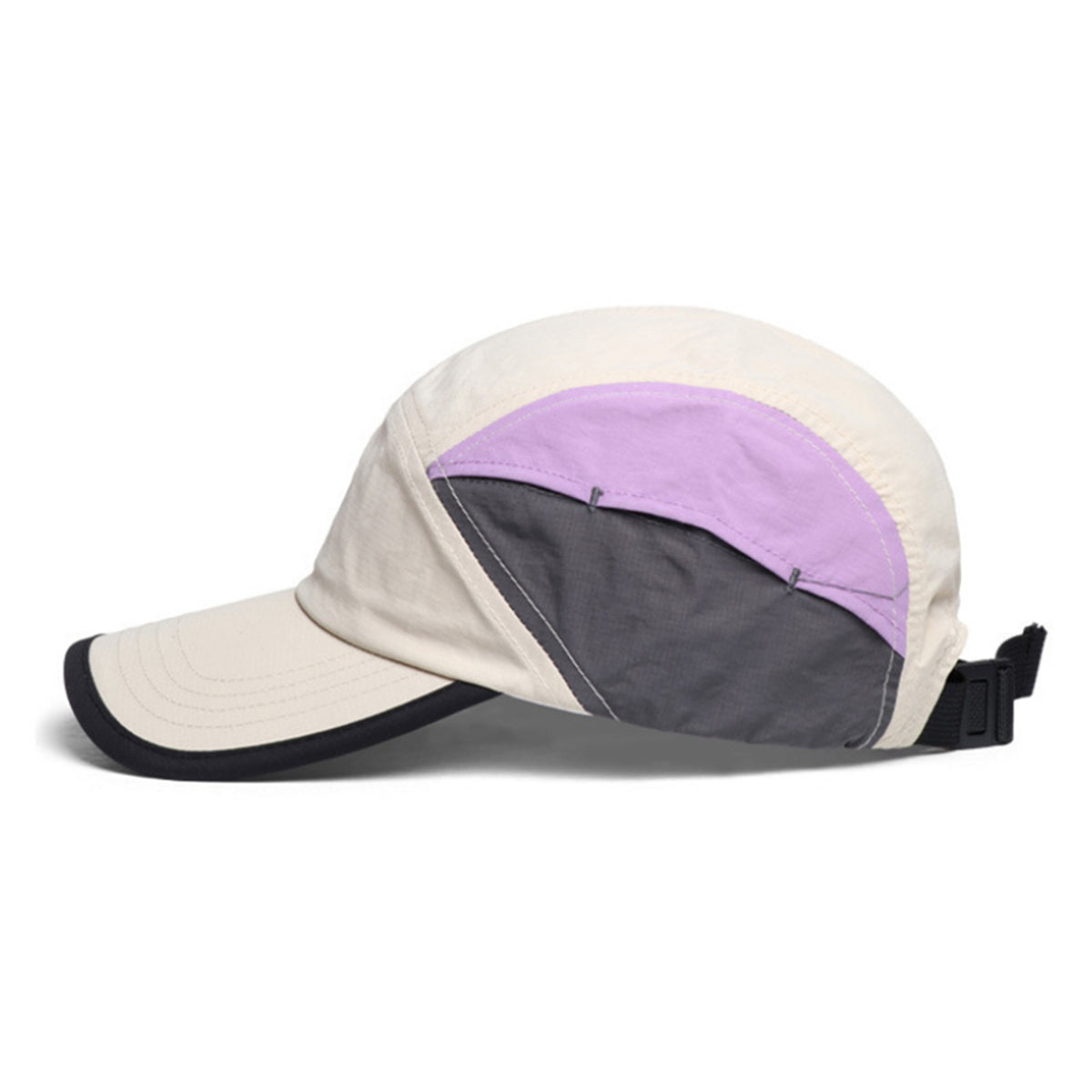 Venzina Lightweight Cap side view showing beige, purple, and gray color-block panels with adjustable back strap