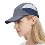 Venzina Sports Cap worn by woman in side profile showing gray, navy, and white lightweight panel design