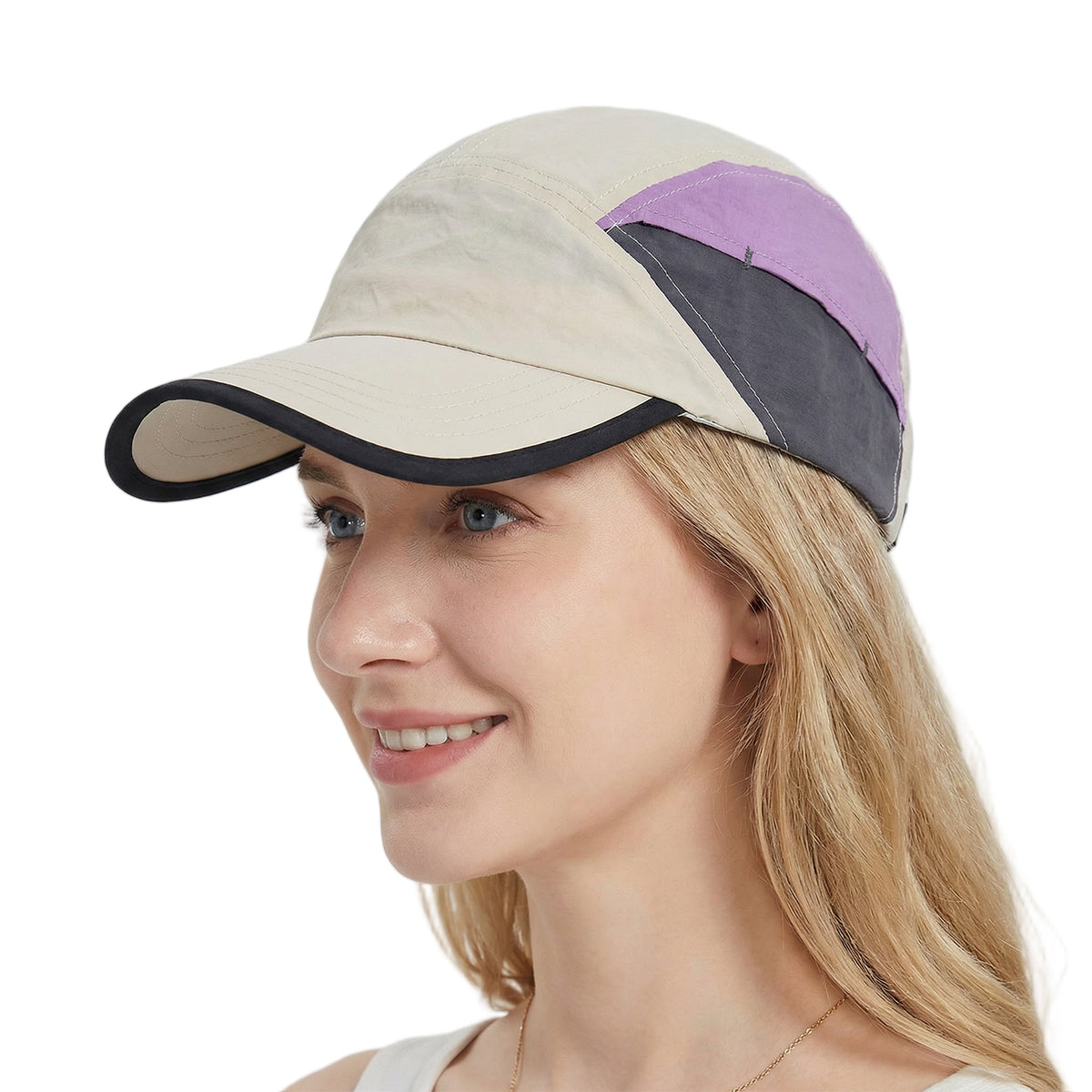 Venzina Sun Cap worn by woman in side angle showing beige, purple, and gray breathable panel design