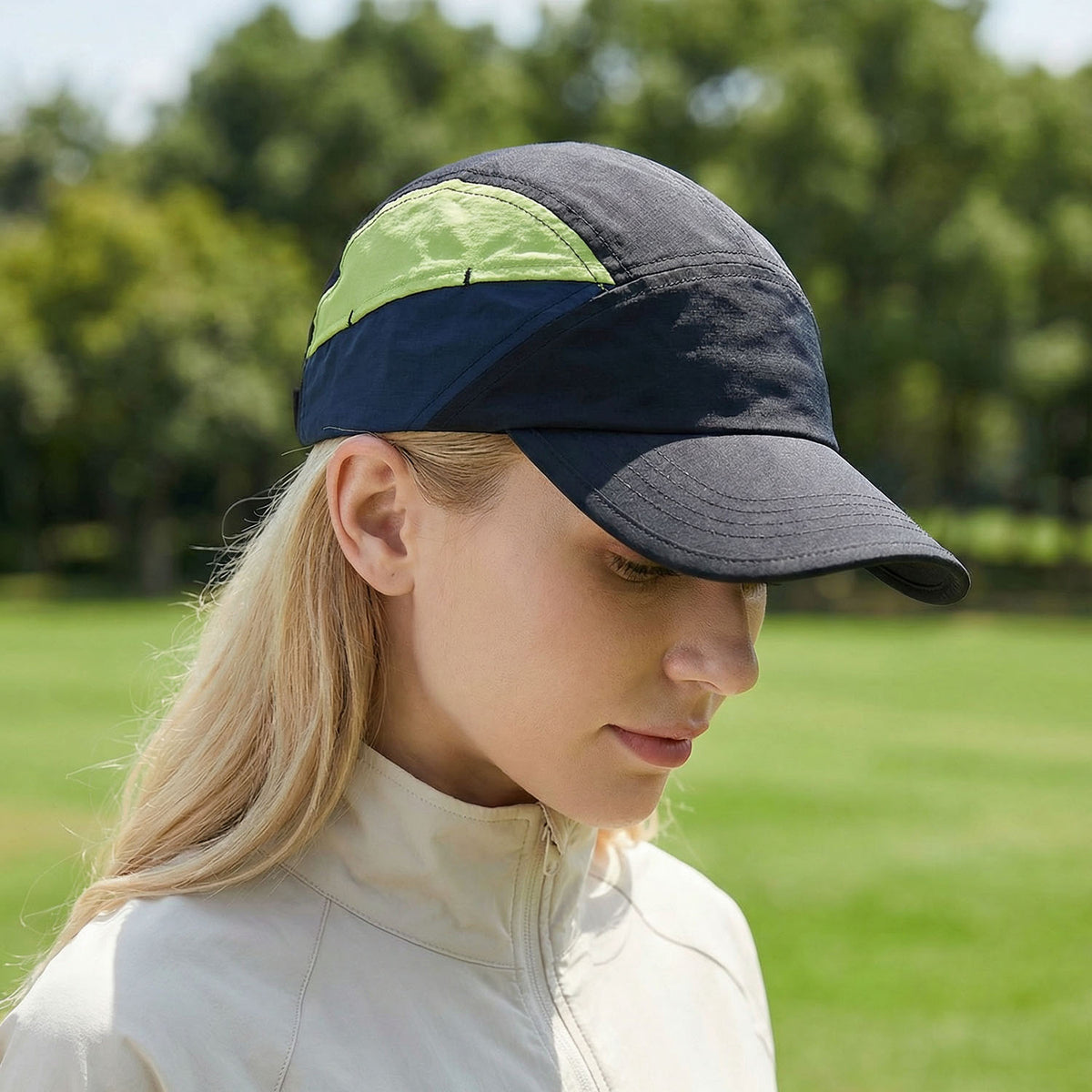 Venzina Sun Cap worn by woman outdoors with black, navy, and green breathable panels