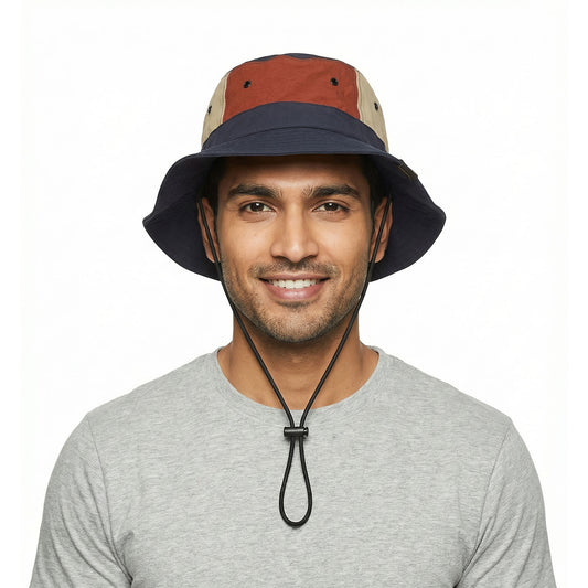 Venzina Sun Hat front view with model wearing wide brim hat and adjustable chin strap