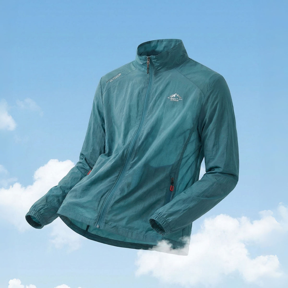 Venzina Sunscreen Jacket for Men in teal, angled flat lay with stand collar and full zip on sky background