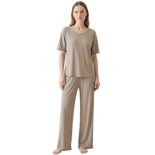 Venzina beige ribbed womens nightwear worn front view with short sleeve top and loose long pants on white background
