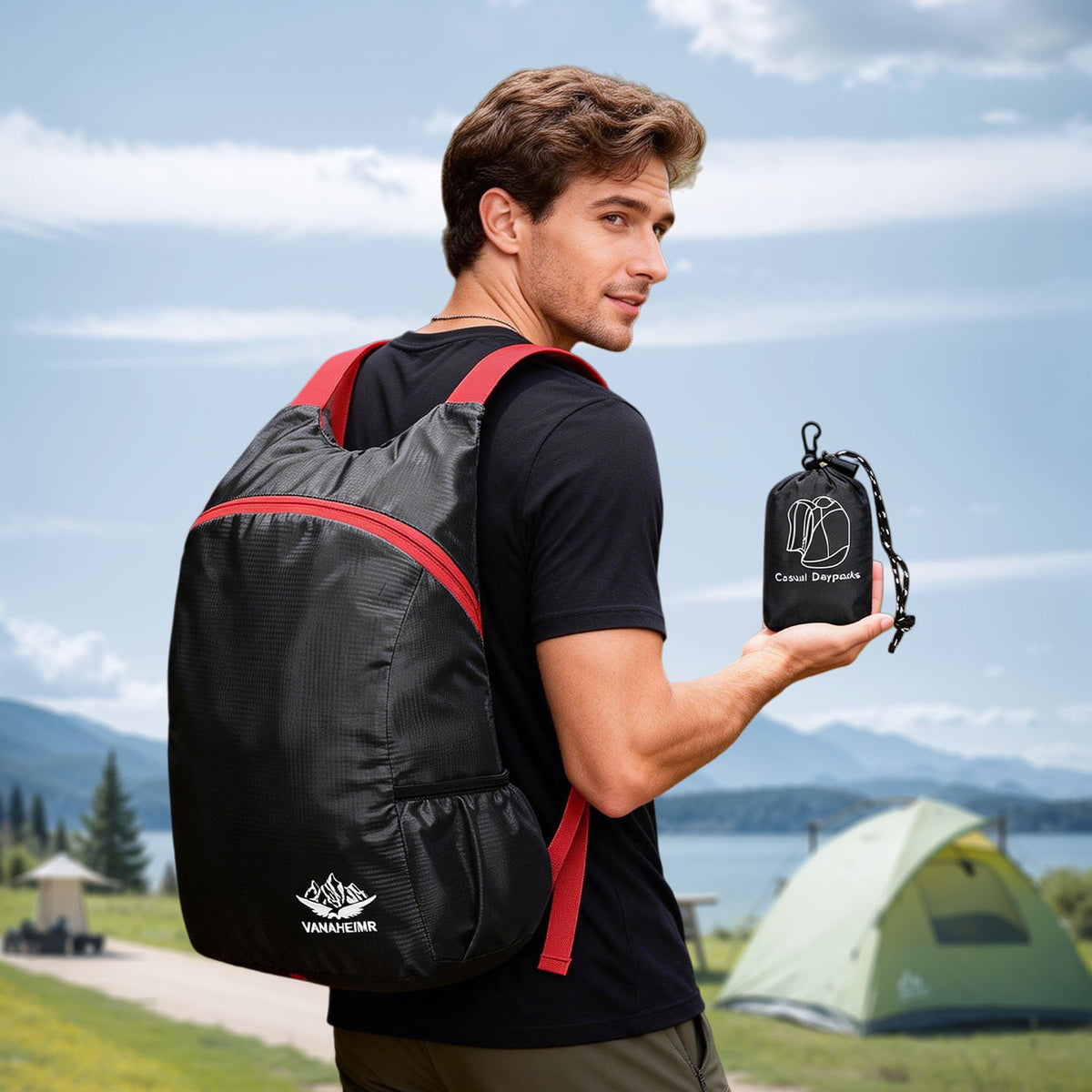 Venzina black foldable backpack worn for outdoor hiking, back view