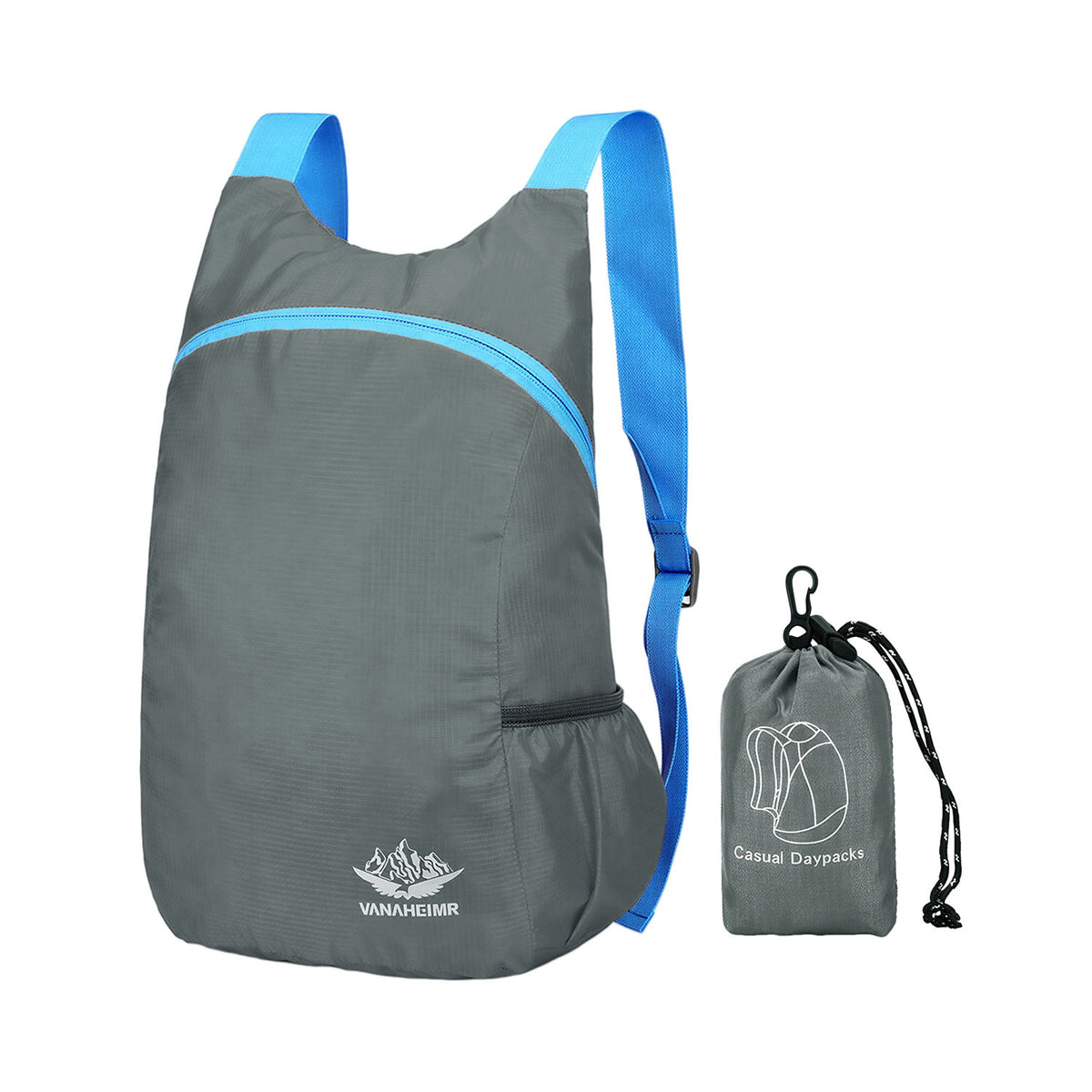 Venzina compact foldable backpack in grey with storage pouch, lightweight travel daypack