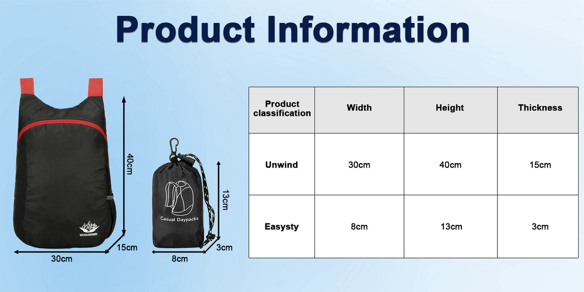 Venzina foldable backpack size chart showing unfolded and folded dimensions