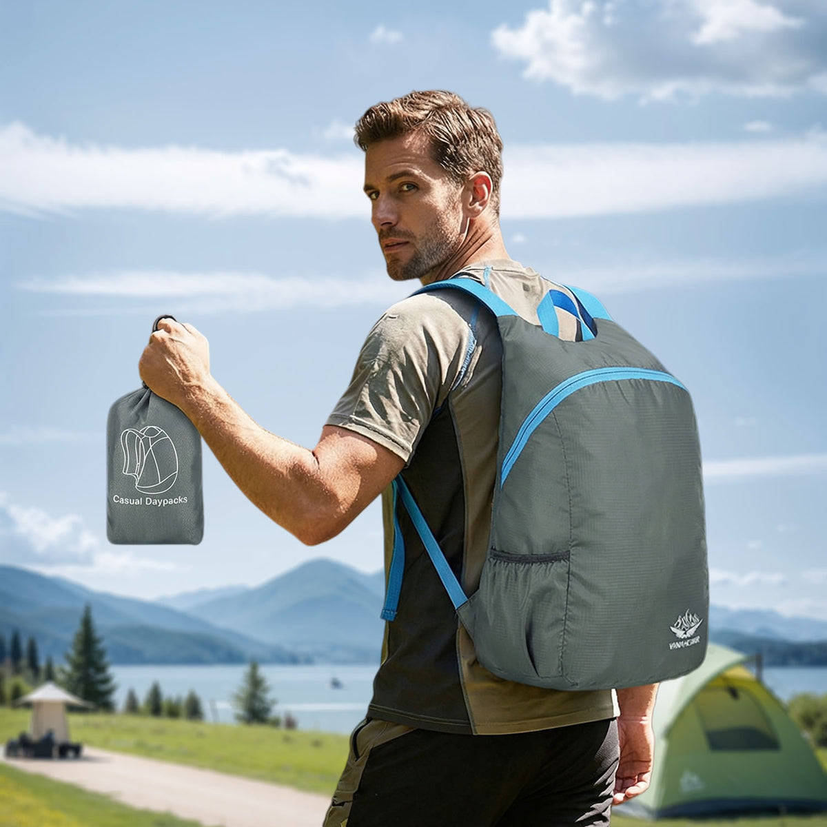 Venzina foldable lightweight backpack worn for outdoor travel with compact storage pouch
