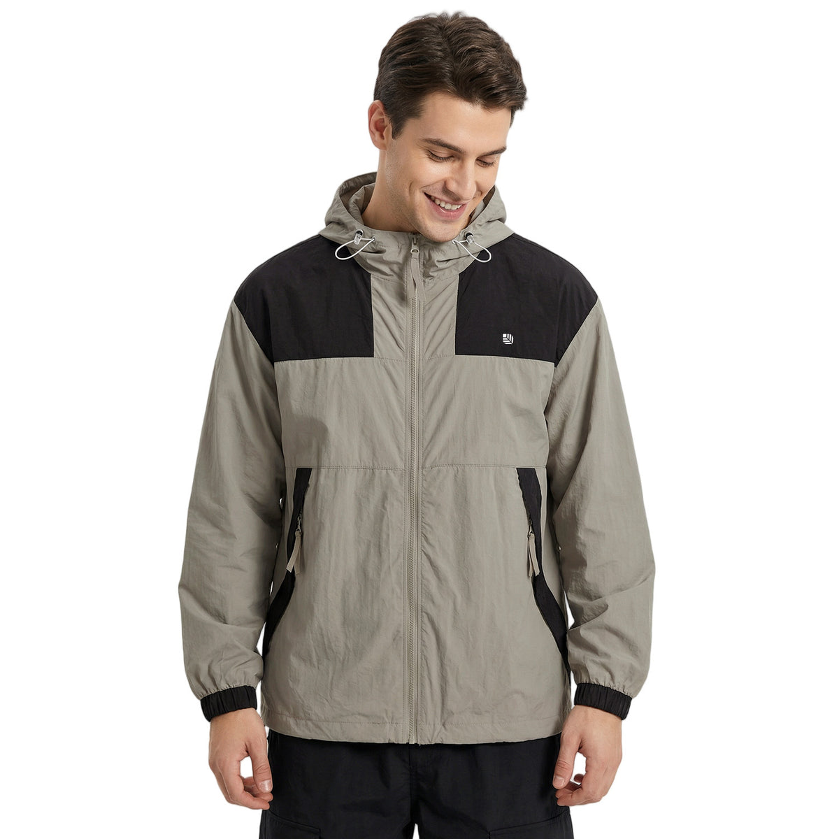 Venzina men's sun protection jacket on model, front view, grey-black color-block hoodie with visor hood, white background