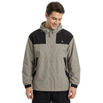 Venzina men's sun protection jacket on model, front view, grey-black color-block hoodie with visor hood, white background