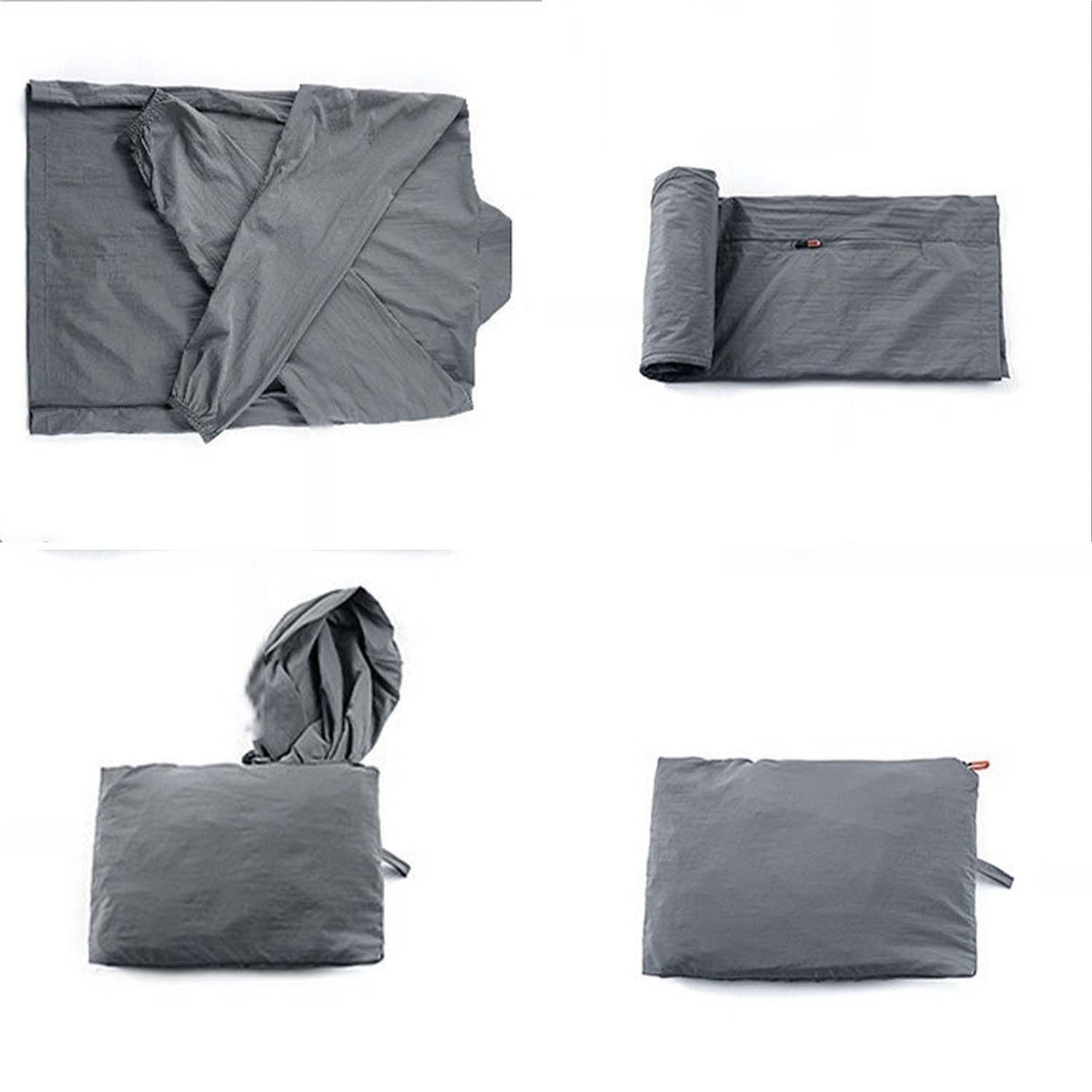 Venzina men's sun protection jacket packability steps, laid flat, rolled and stuffed into compact pouch on white