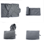 Venzina men's sun protection jacket packability steps, laid flat, rolled and stuffed into compact pouch on white