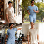 Venzina mens pyjamas shown in a four-image collage, worn by male models in beige and blue ribbed sets across indoor and outdoor scenes