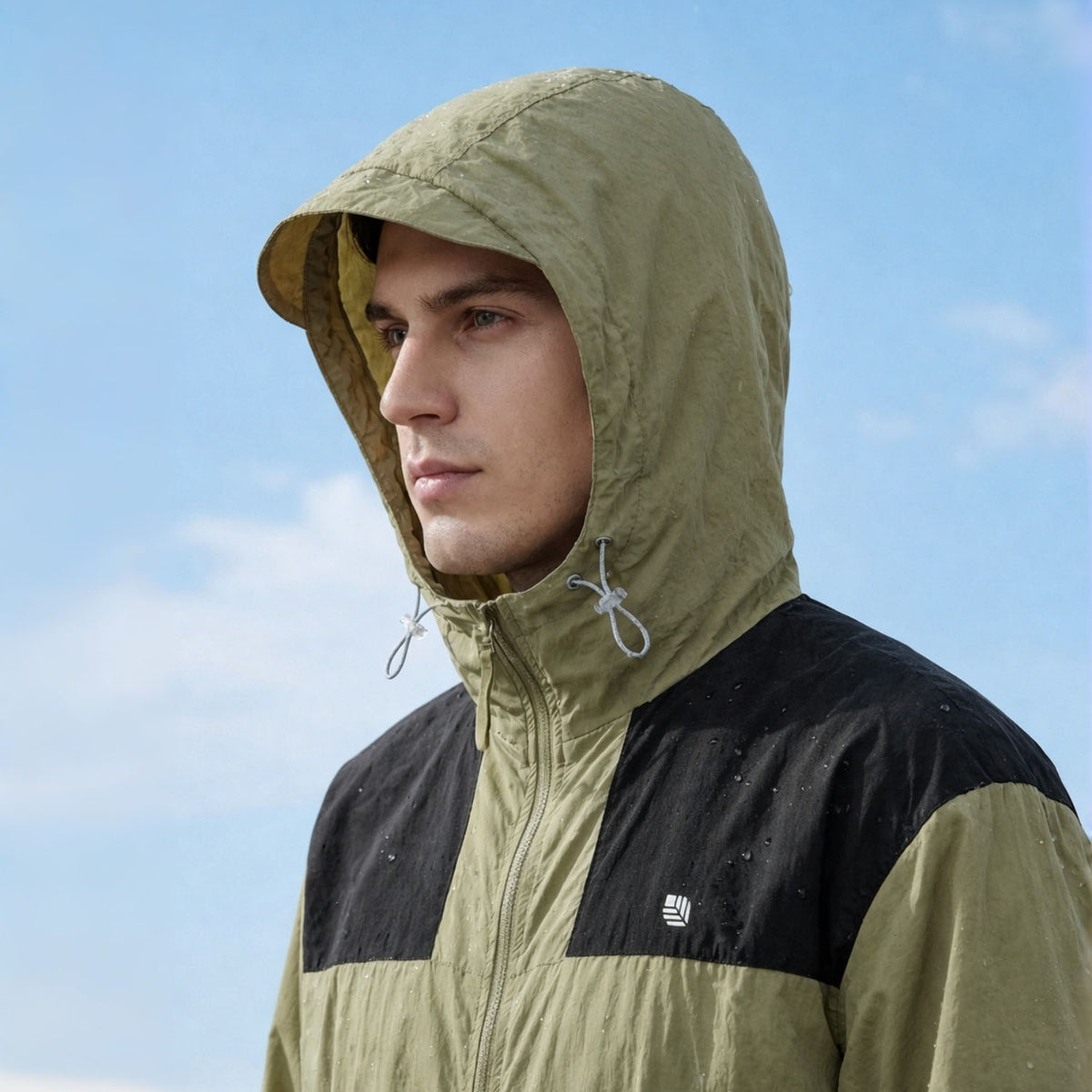Venzina sun protection jacket close-up profile, olive hood with visor brim and zipper guard, outdoor sky backdrop