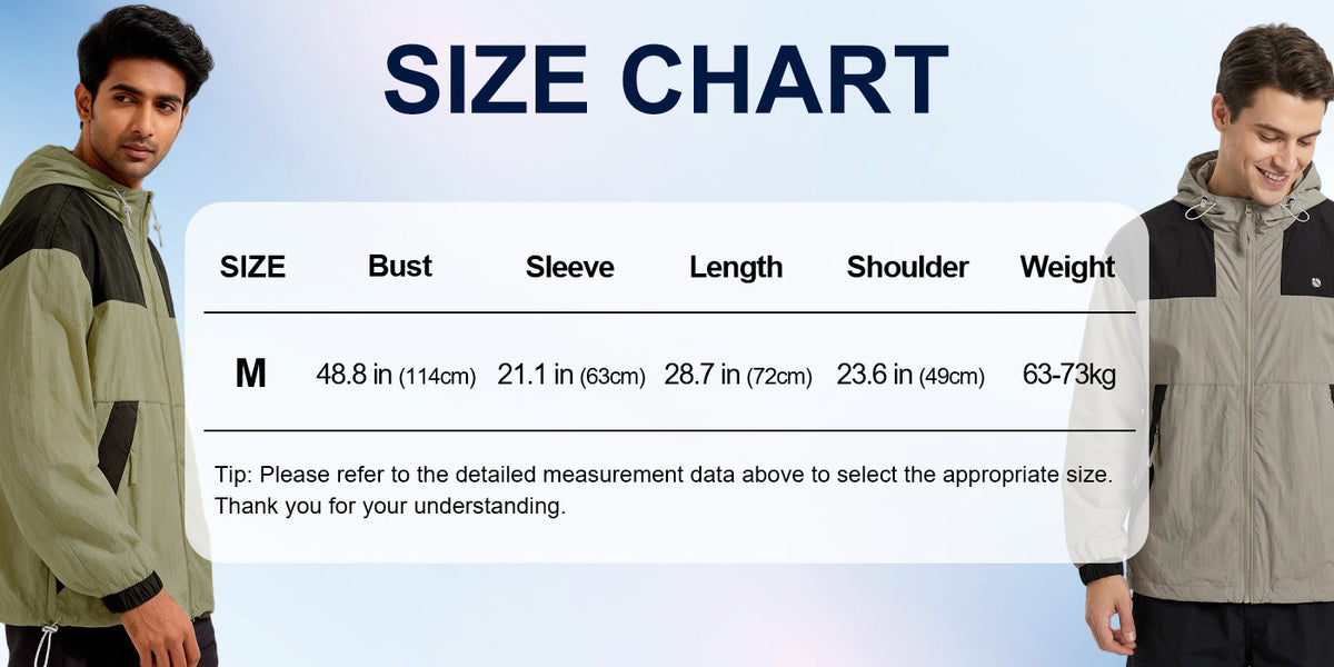Venzina sun protection jacket size chart showing bust, sleeve, length, shoulder and weight, with two models wearing it