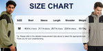 Venzina sun protection jacket size chart showing bust, sleeve, length, shoulder and weight, with two models wearing it
