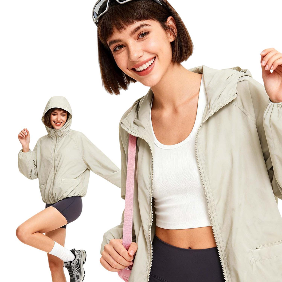 Venzina sun protection jacket women worn front view, light beige hooded jacket styled with activewear, studio shot with inset action pose