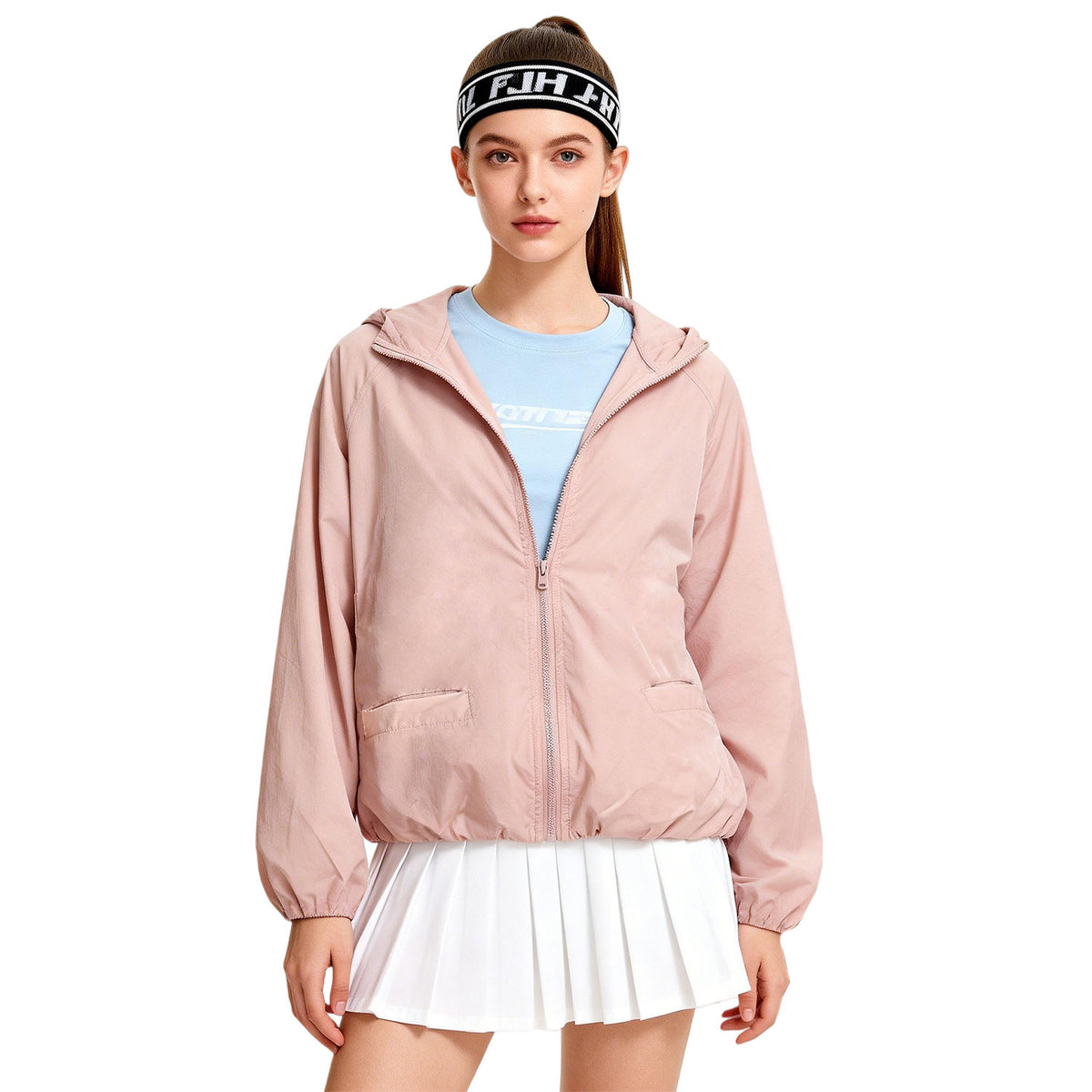 Venzina sun protection jacket women worn front view, soft pink hooded jacket paired with blue top and white skirt on studio white background