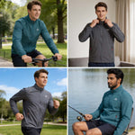 Venzina sun protective clothing collage with cycling, indoor zip-up, running, and fishing scenes in teal and grey jackets