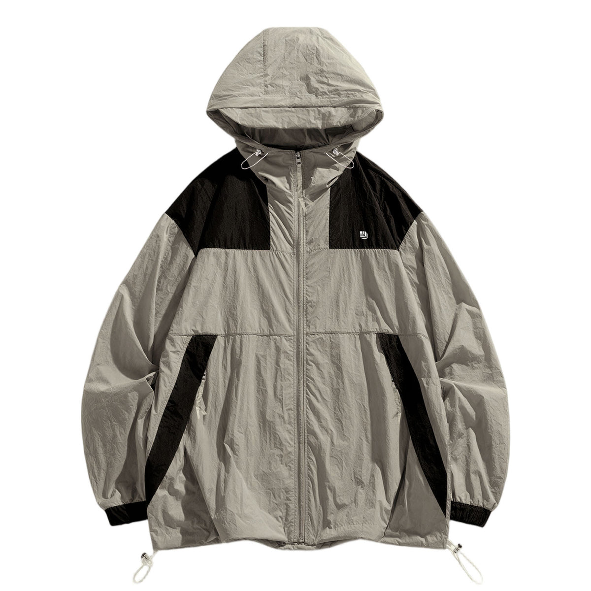 Venzina sunscreen jacket front view, grey-black color-block hood with visor brim, elastic cuffs and drawcord hem, white background