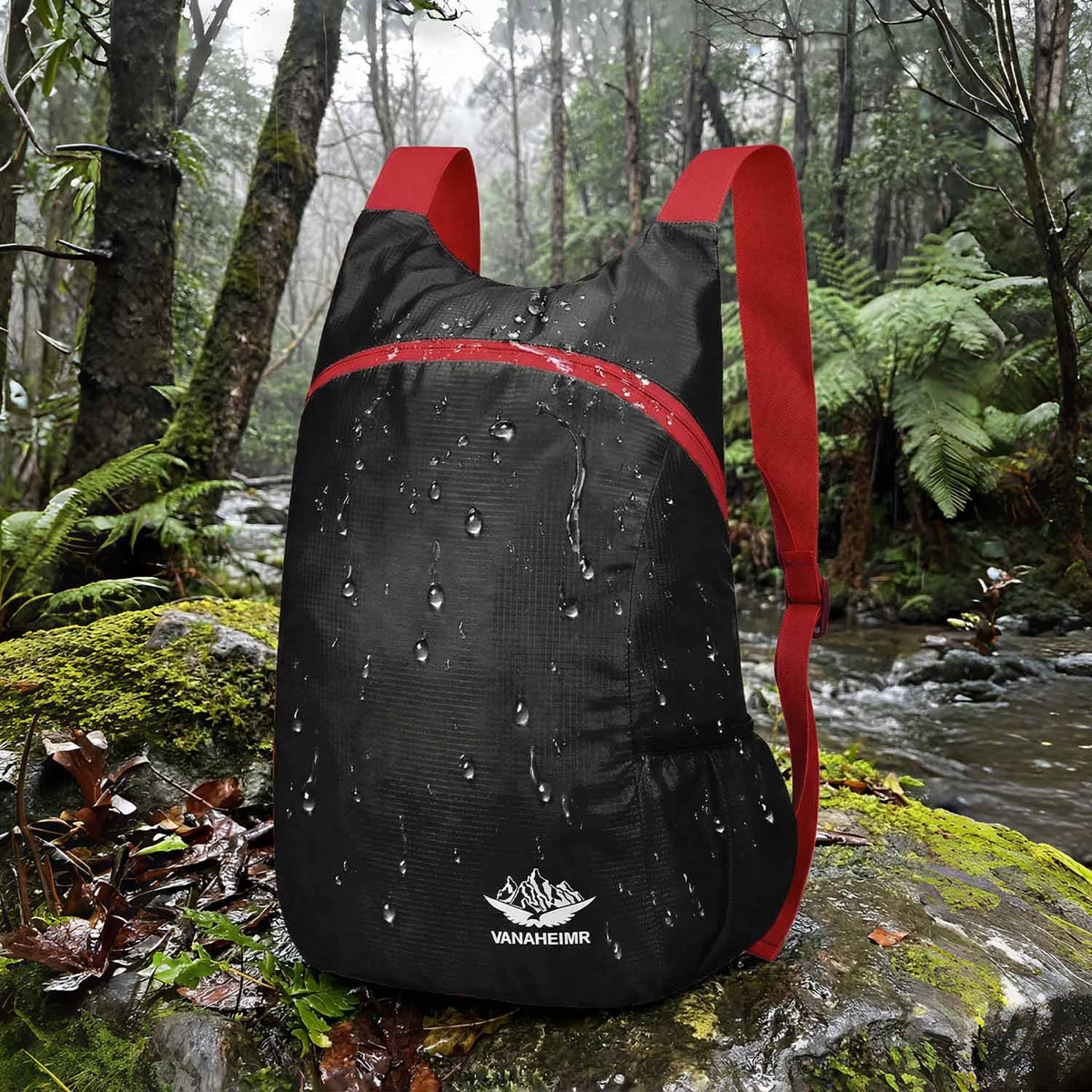 Venzina waterproof black backpack on a forest rock, outdoor hiking scene