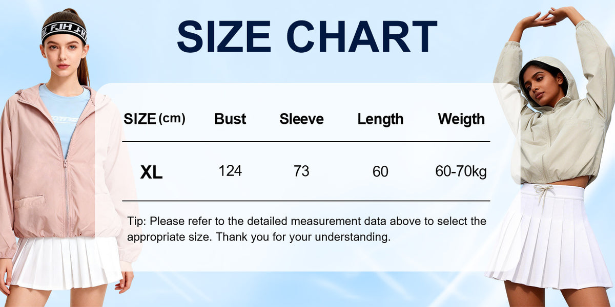 Venzina women's sun protection jacket size chart showing bust, sleeve, length measurements with two models displayed on blue background
