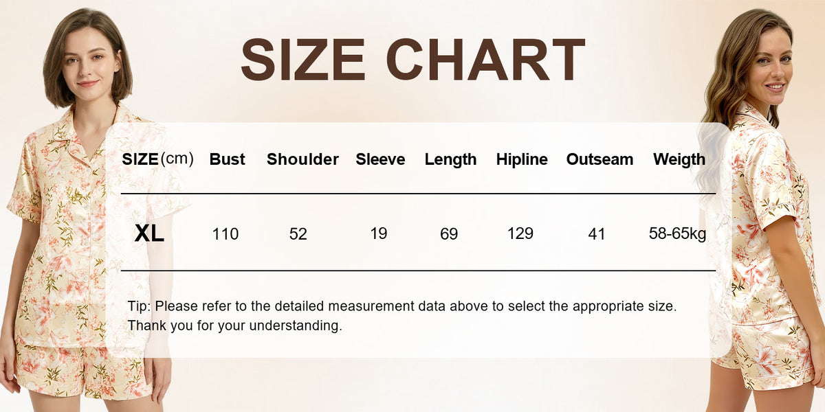 Women’s night suit size chart showing measurements and fit reference