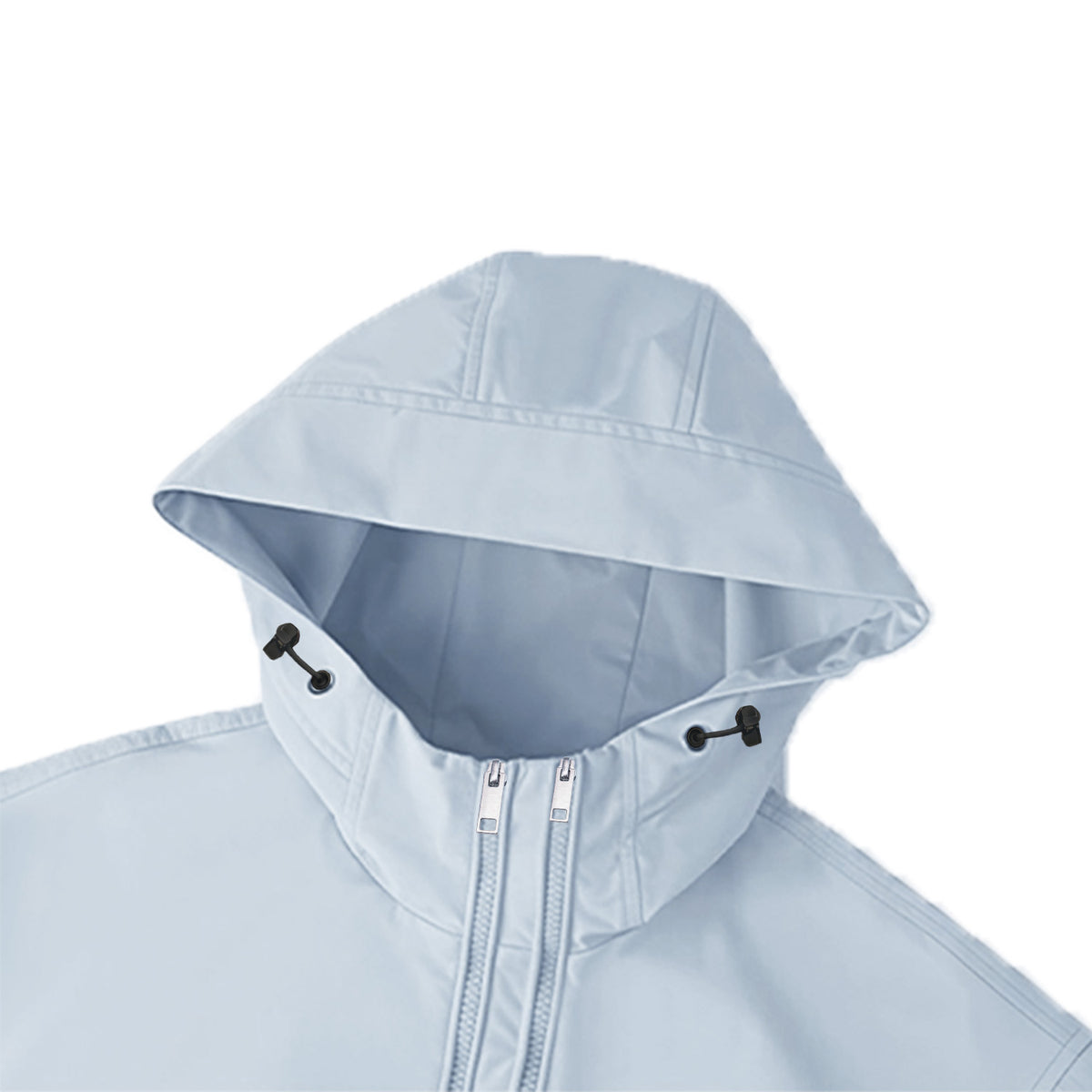 Close-up of light blue hooded kids outdoor jacket showing double-zip windbreaker design — breathable and water-resistant fabric on white background.