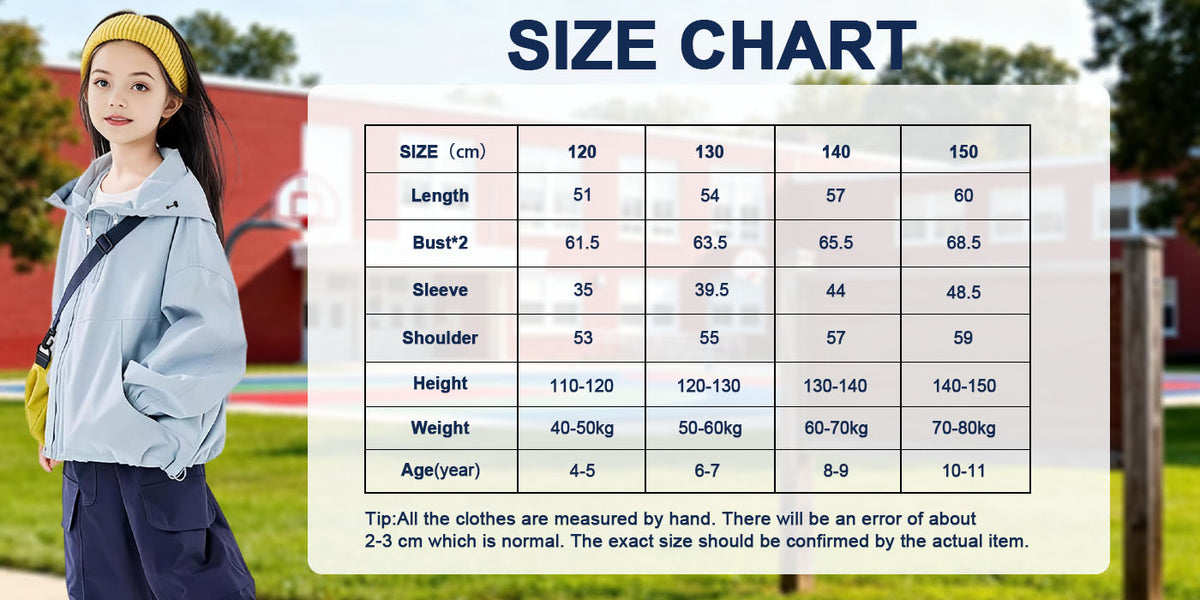 Venzina kids outdoor jacket size chart — light blue hooded windbreaker for boys and girls with model reference for height and weight.