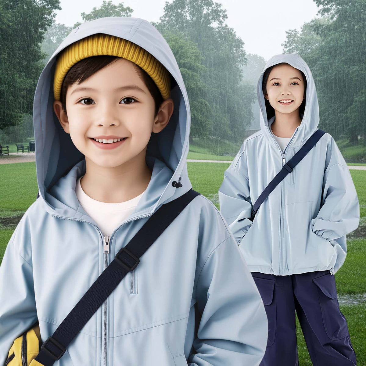 Boy and girl wearing Venzina unisex kids outdoor jacket in a rainy park — light blue hooded windbreaker designed for waterproof and windproof comfort.