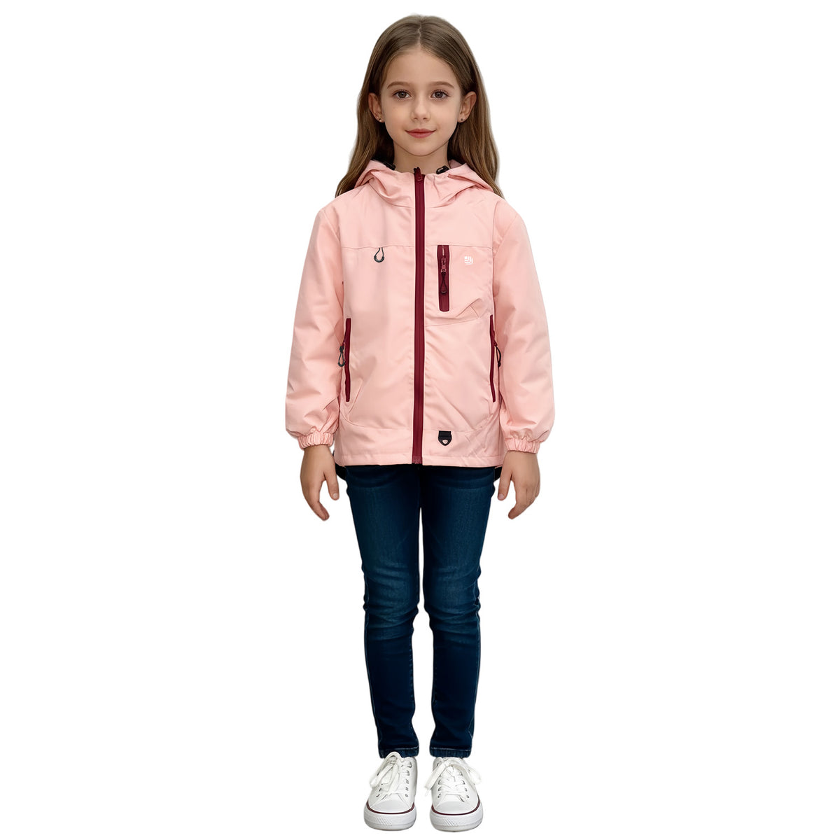 Girl wearing pink Venzina waterproof hooded windbreaker jacket with red zippers, standing against white background