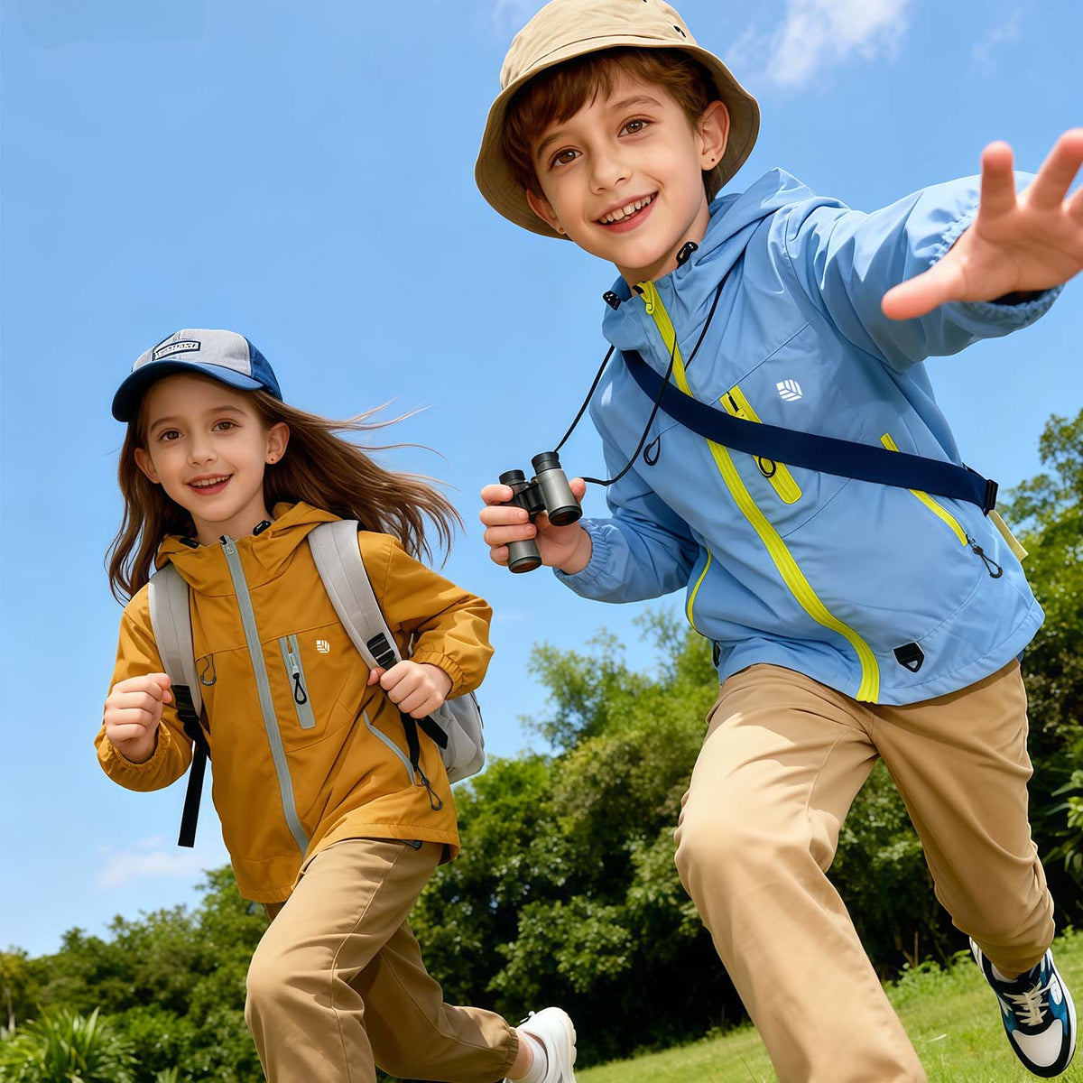 Two kids wearing Venzina waterproof hooded windbreaker jackets, one blue with yellow zip and one brown, running outdoors under blue sky