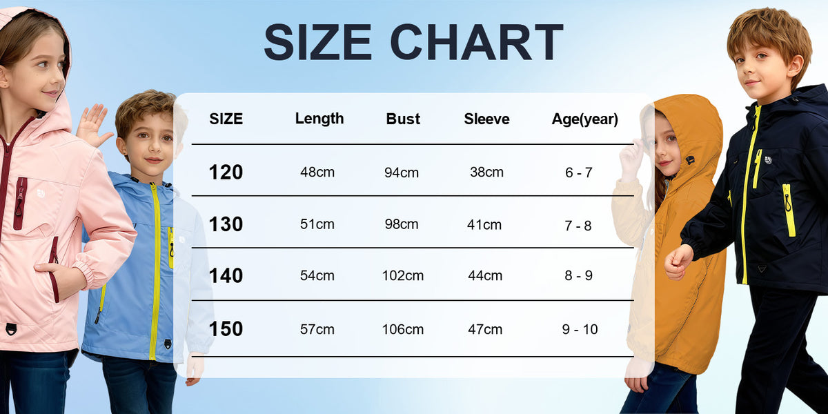Size chart for Venzina kids waterproof hooded windbreaker jackets showing length, bust, sleeve, and age guide from 6 to 10 years