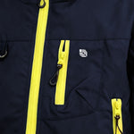 Close-up of navy blue Venzina waterproof windbreaker showing yellow zippers and brand logo detail