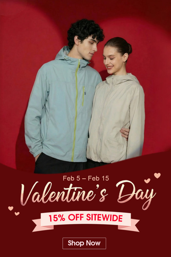 Venzina Valentine’s Day couple wearing lightweight sun protection jackets for everyday outdoor wear.