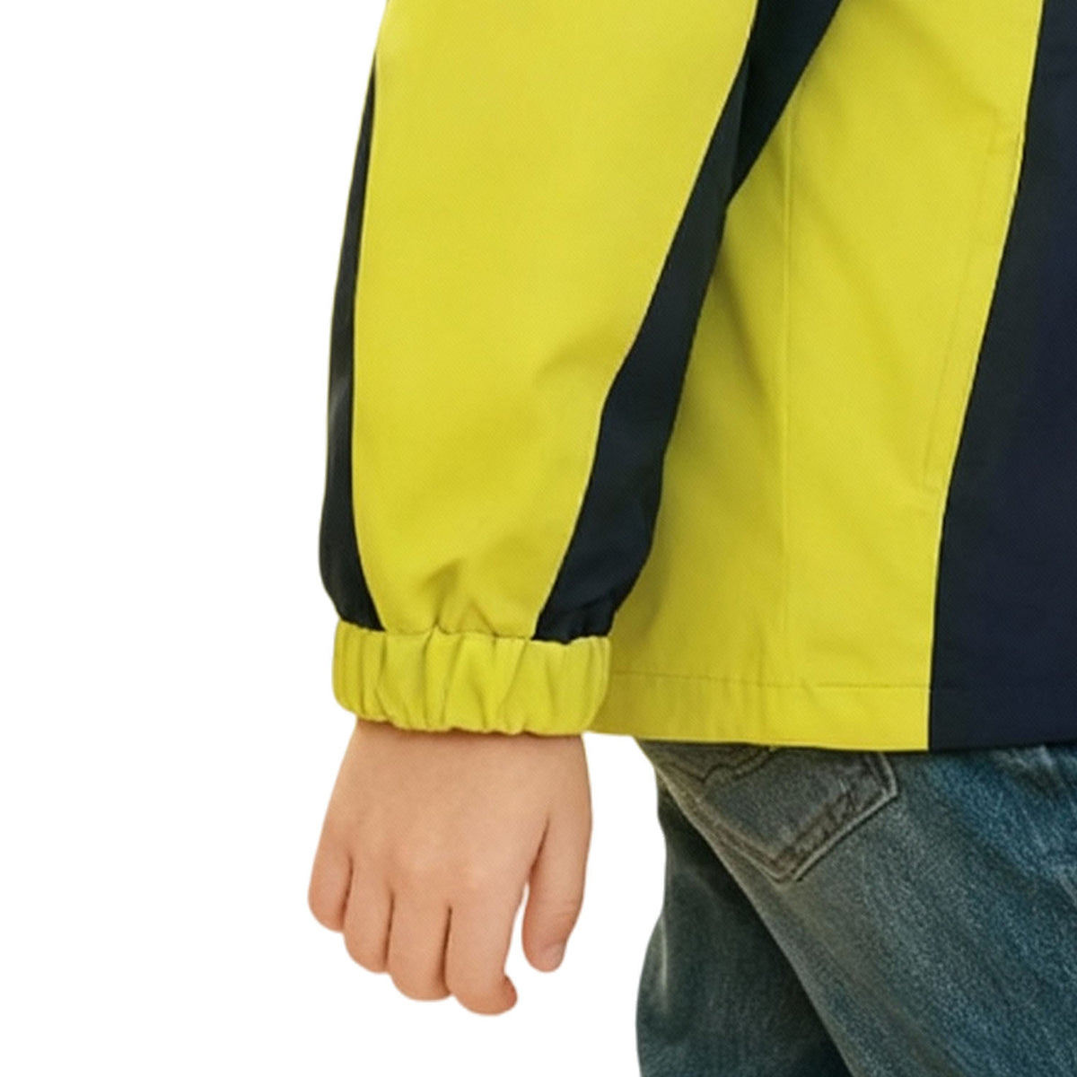 Close-up of Venzina waterproof yellow and navy windbreaker showing elastic cuff for wind protection