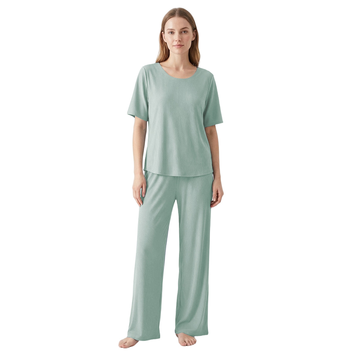 Venzina Womens Nightwear – Ribbed Texture Pajama Set with Short Sleeve Top & Long Pants