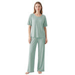 Venzina Womens Nightwear – Ribbed Texture Pajama Set with Short Sleeve Top & Long Pants