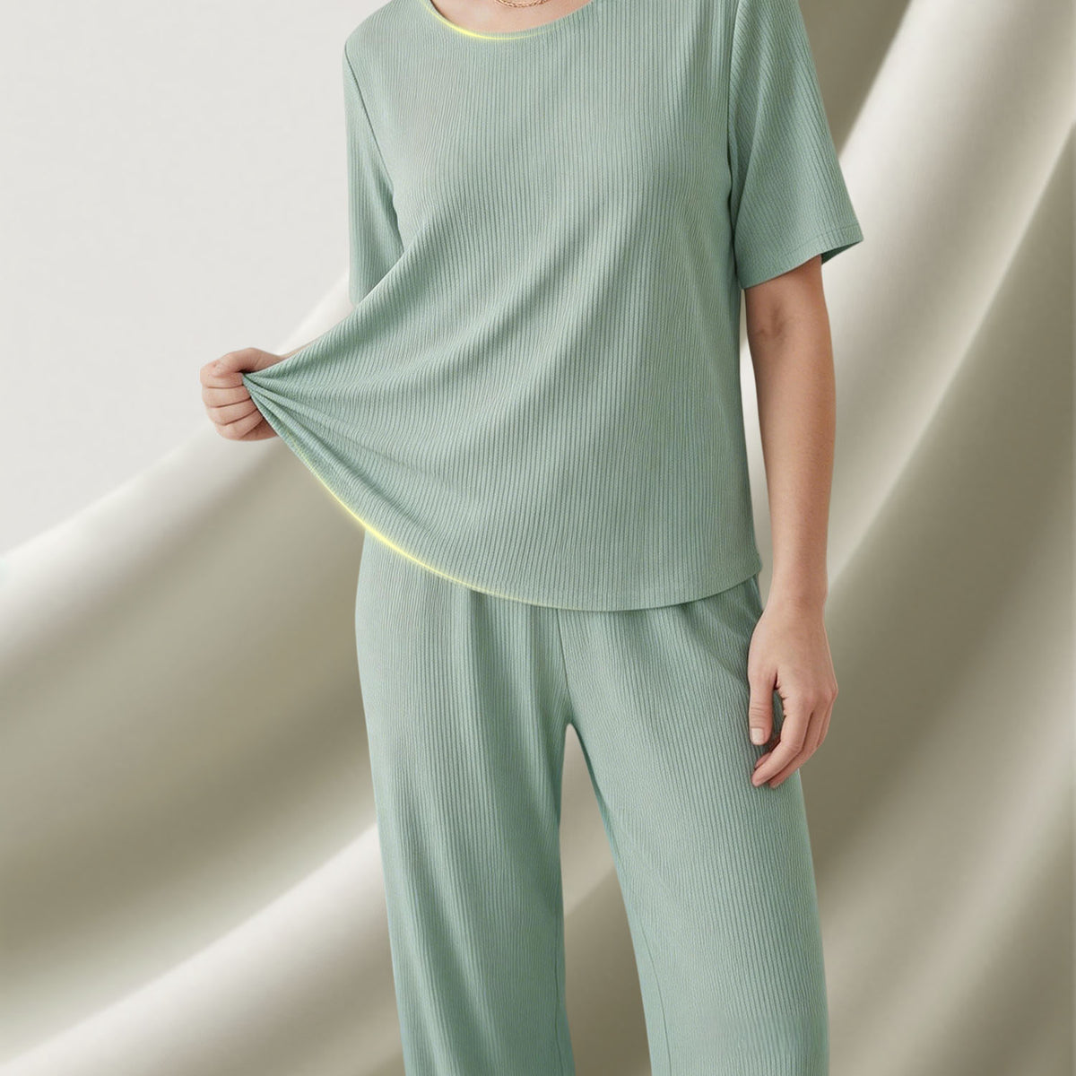 Venzina Womens Nightwear – Ribbed Texture Pajama Set with Short Sleeve Top & Long Pants